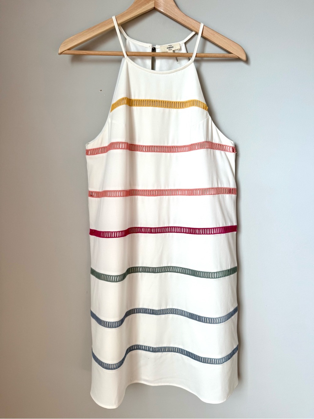 Entro White Halter Sleeveless Shift Mini Dress with Multicolor Stripes - Picture 1 of 3